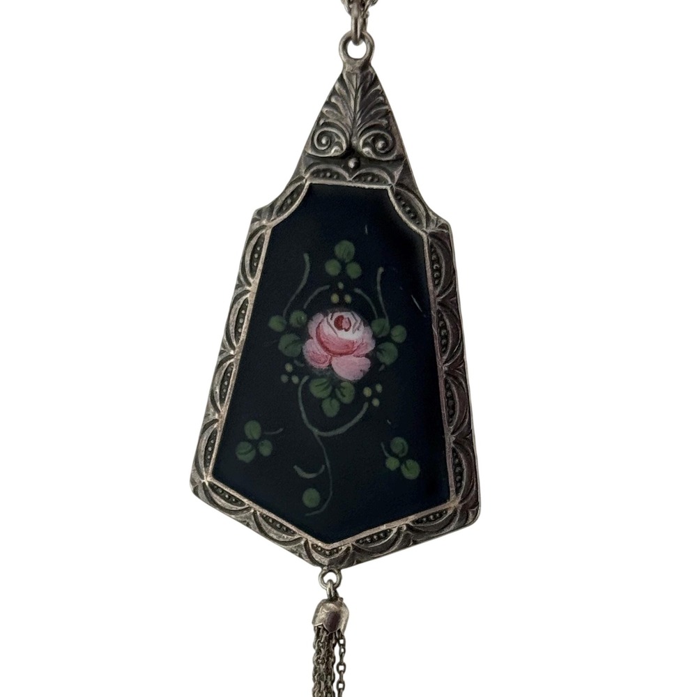 Vintage Art Deco Sterling Silver HFB Signed Enamel‎ Rose Flower Tassel Pendant